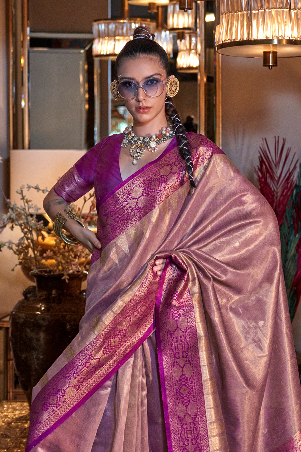 Dusky Pink Zari Tissue Saree With Pallu And Blouse