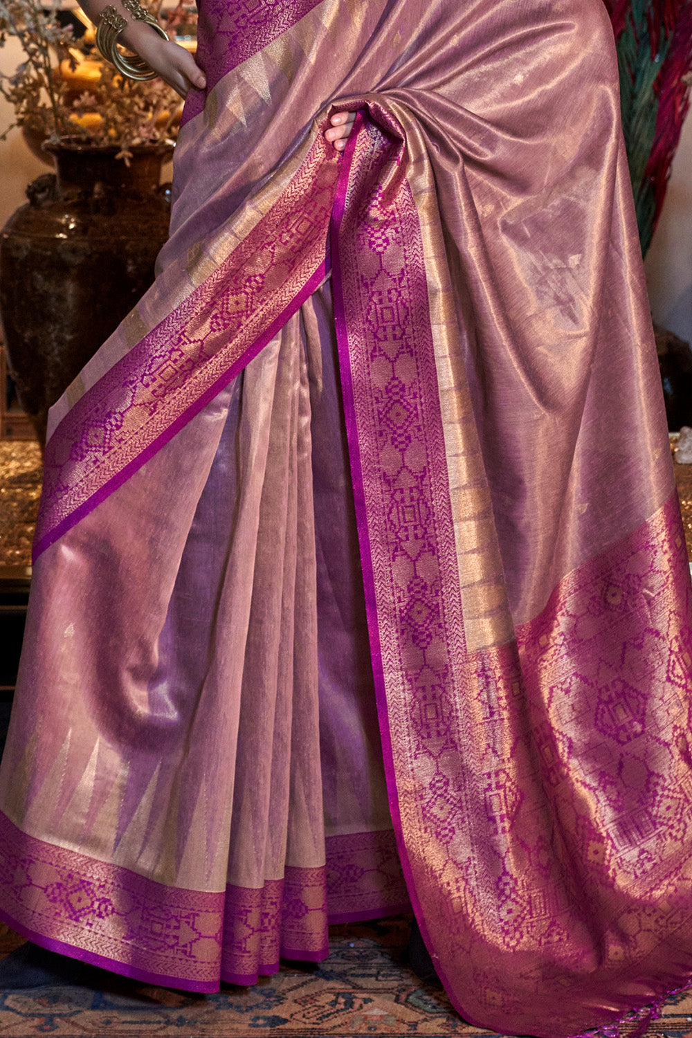 Dusky Pink Zari Tissue Saree With Pallu And Blouse