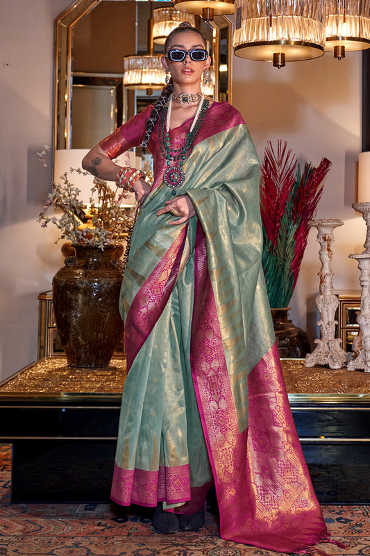 Sage Green Zari Tissue Saree With Pallu And Blouse