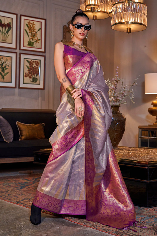 Lilac Zari Tissue Saree With Pallu And Blouse