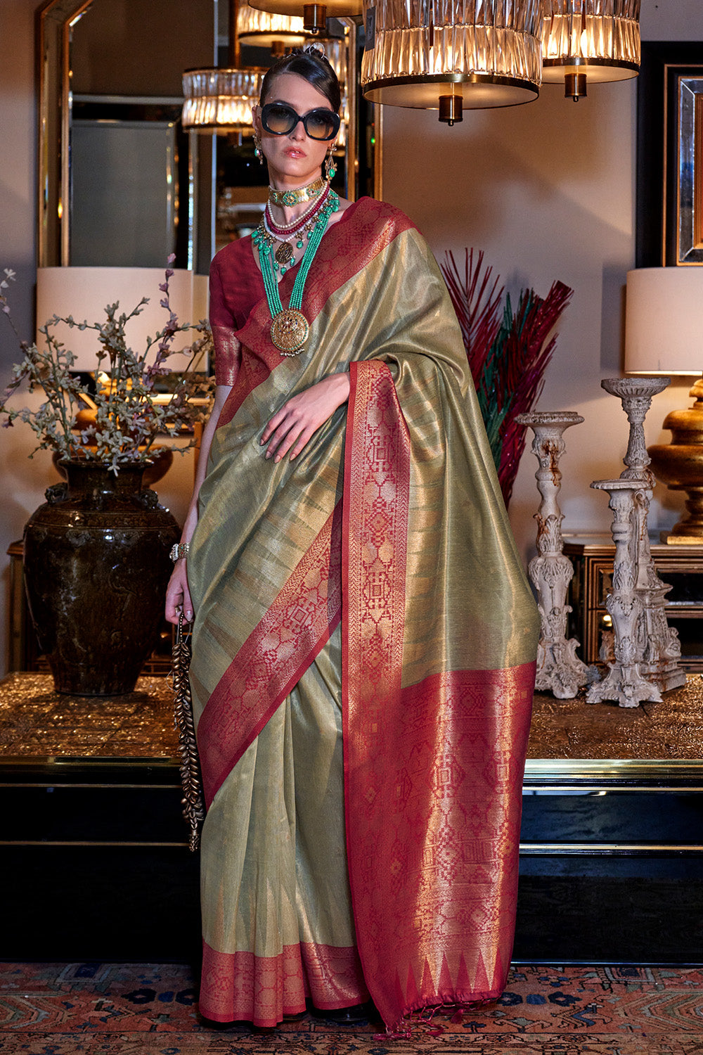 Light Green Zari Tissue Saree With Pallu And Blouse