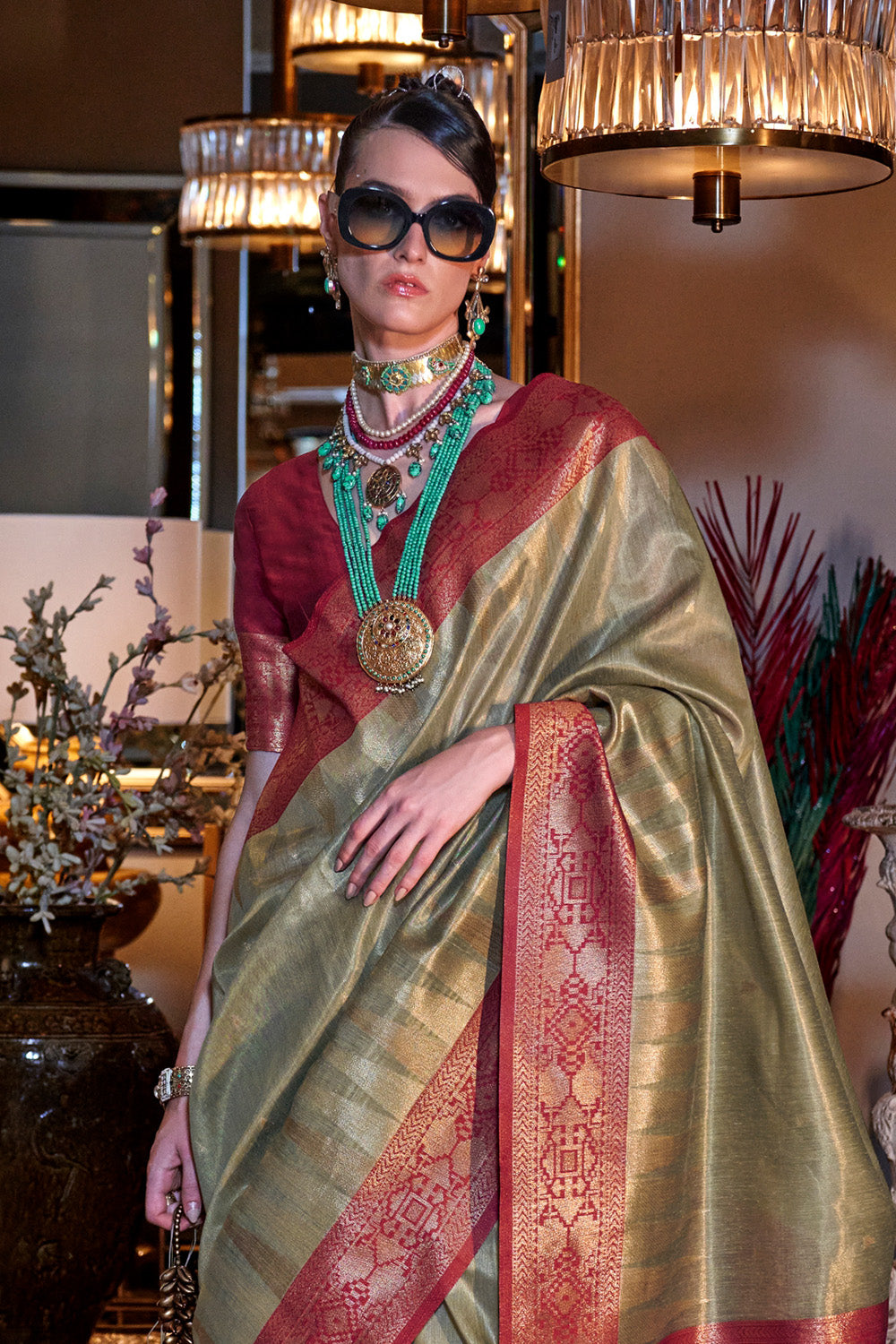 Light Green Zari Tissue Saree With Pallu And Blouse