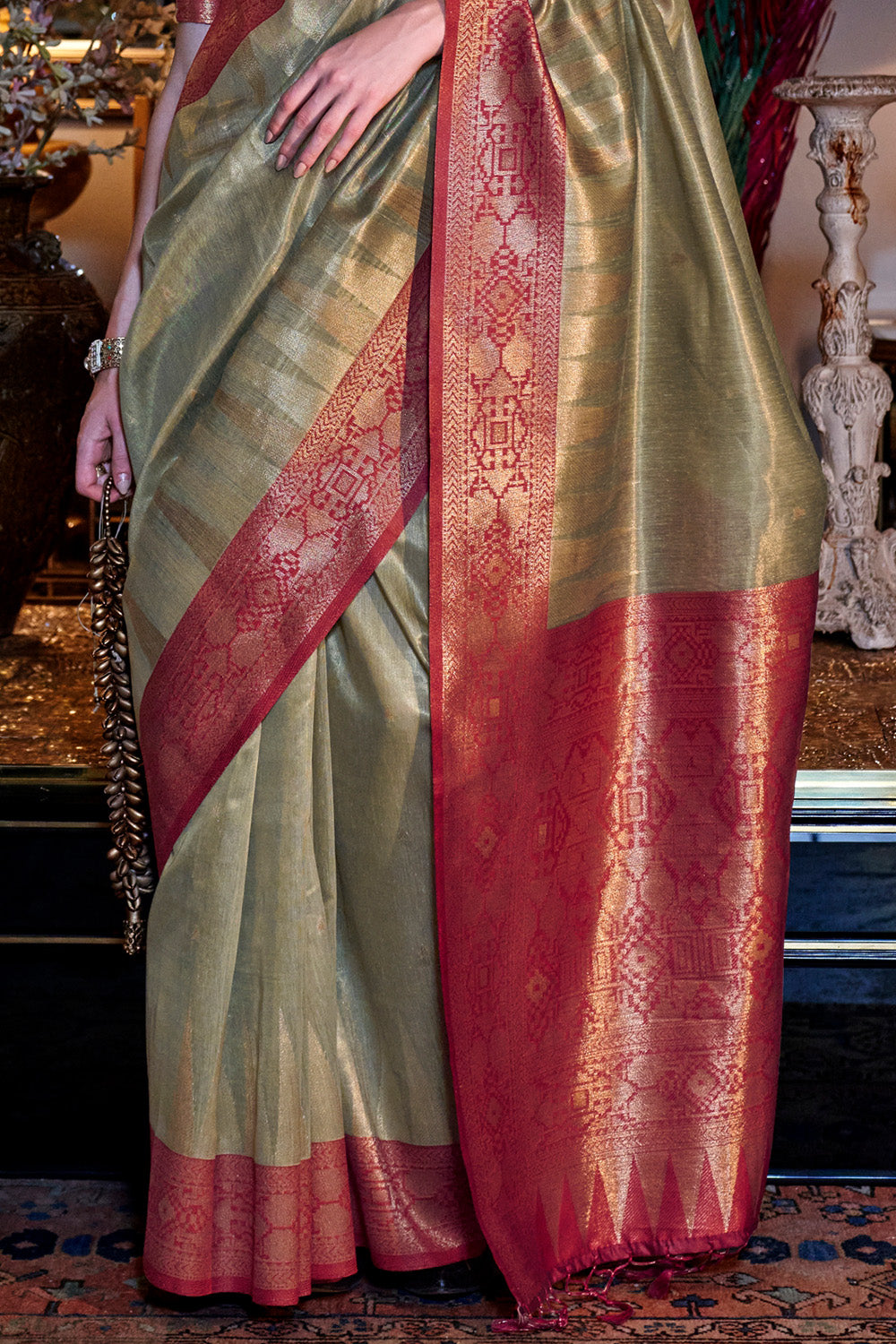 Light Green Zari Tissue Saree With Pallu And Blouse
