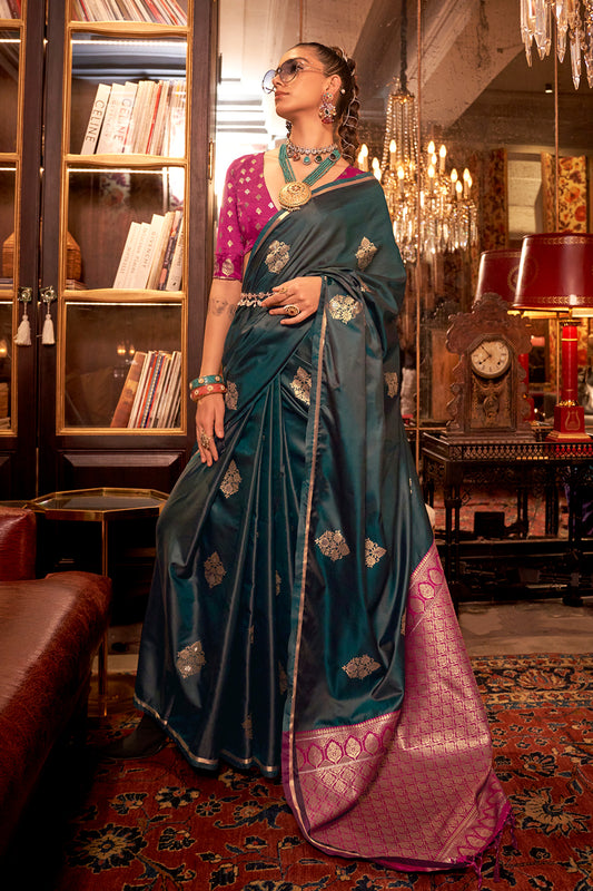 Dark Green Satin Saree With Contrast Pallu & Blouse