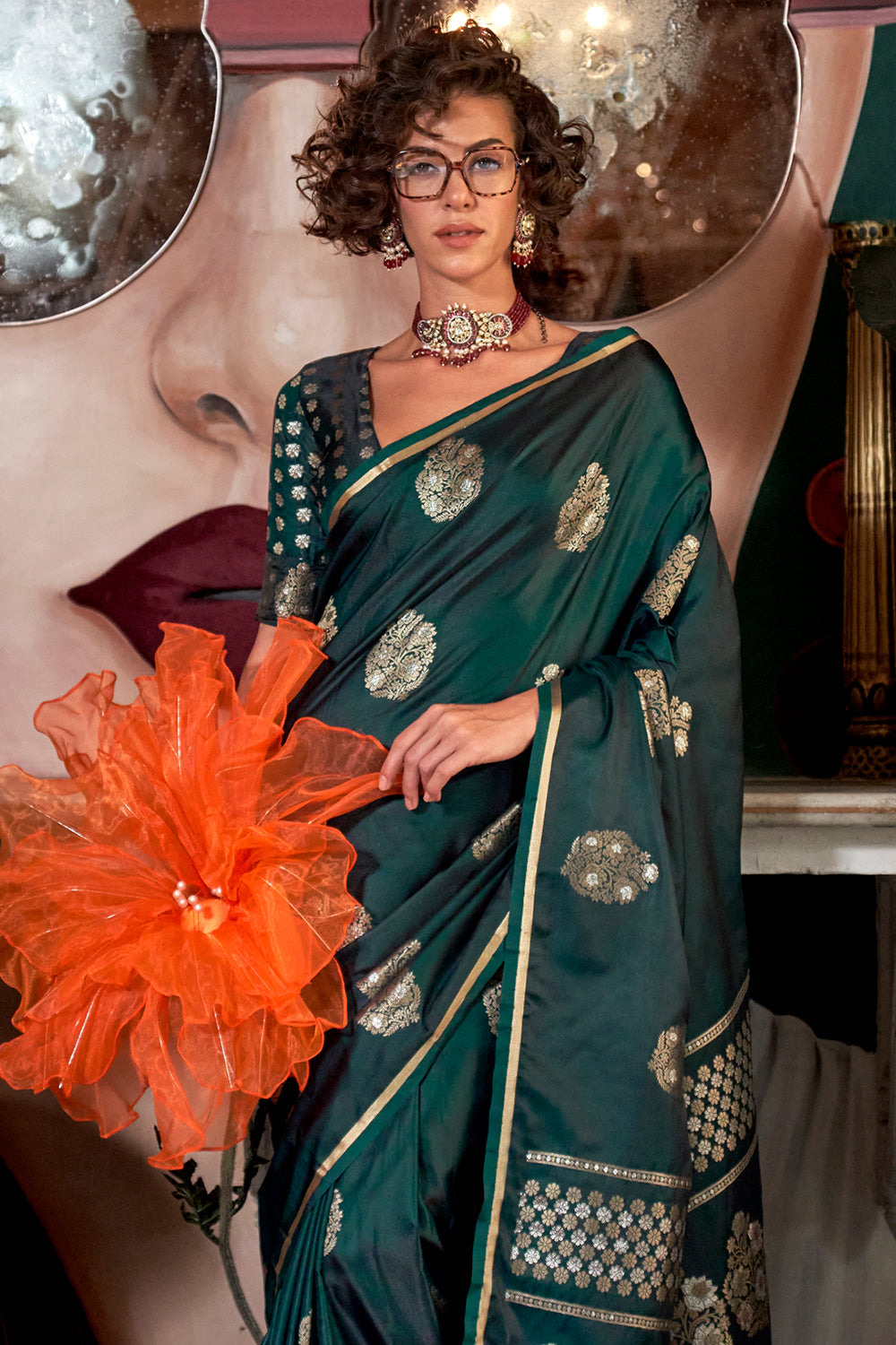 Dark Green Satin Saree With Pallu And Brocade Blouse