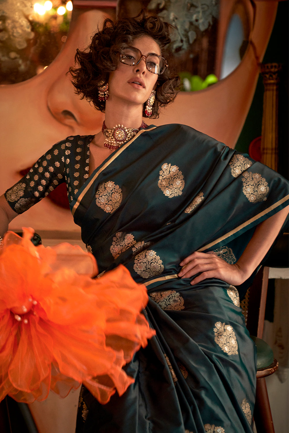 Dark Green Satin Saree With Pallu And Brocade Blouse
