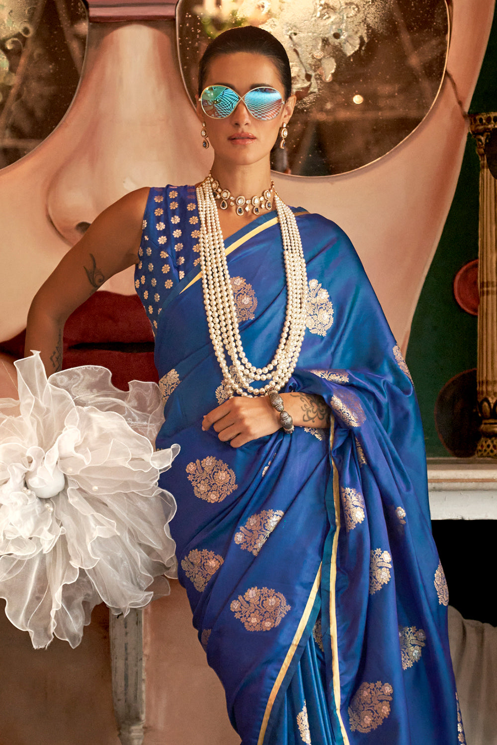 Bark Blue Satin Saree With Pallu And Brocade Blouse