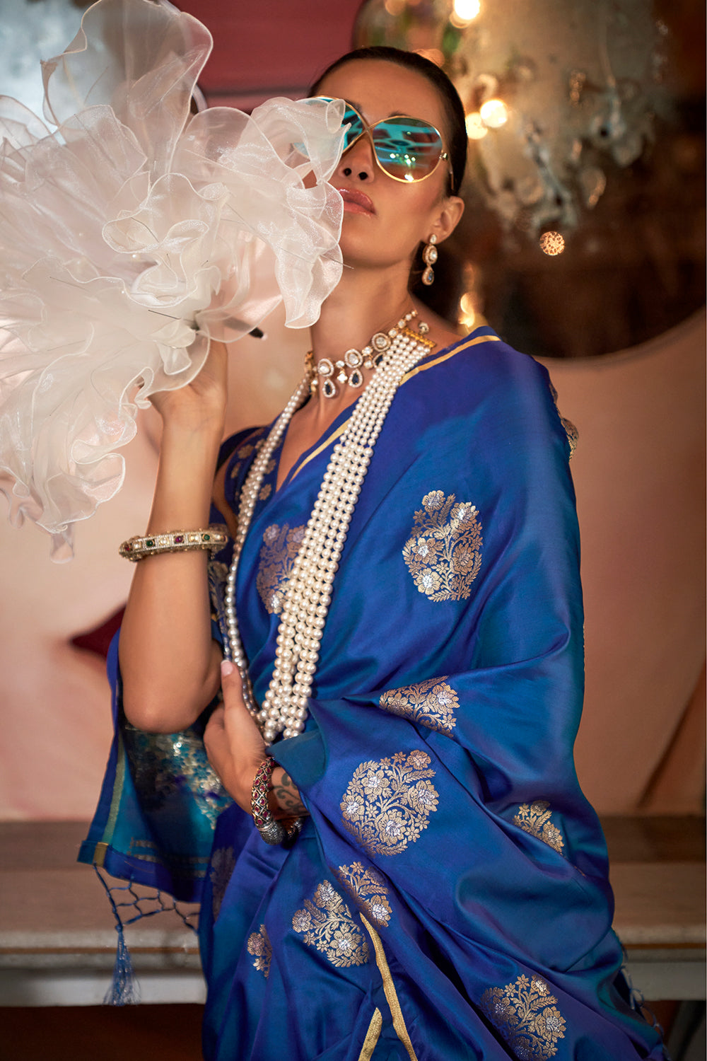 Bark Blue Satin Saree With Pallu And Brocade Blouse