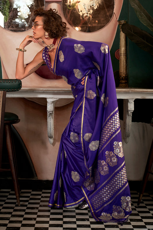 Voilet Satin Saree With Pallu And Brocade Blouse