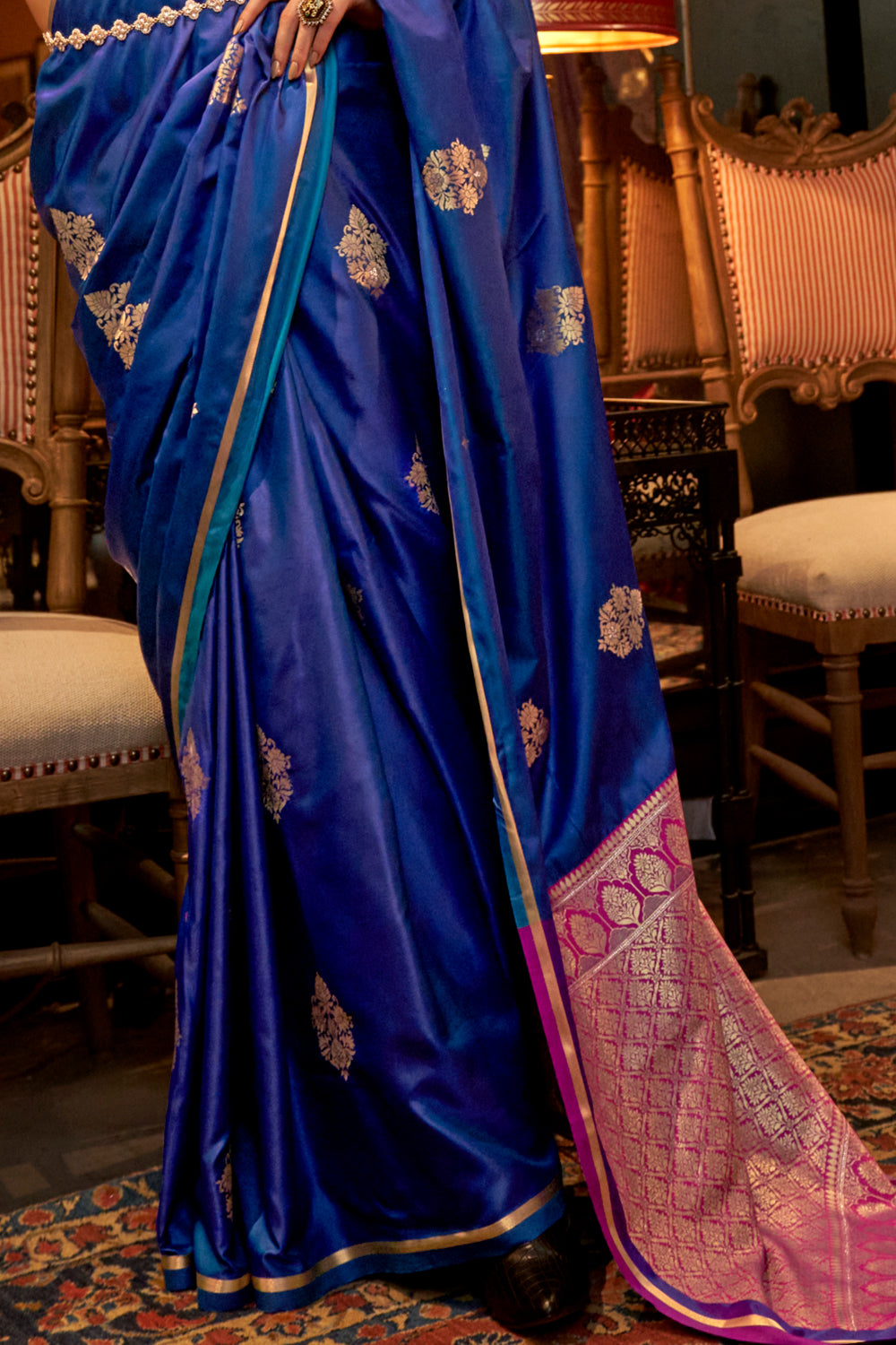 Dark Blue Satin Saree With Contrast Pallu & Blouse