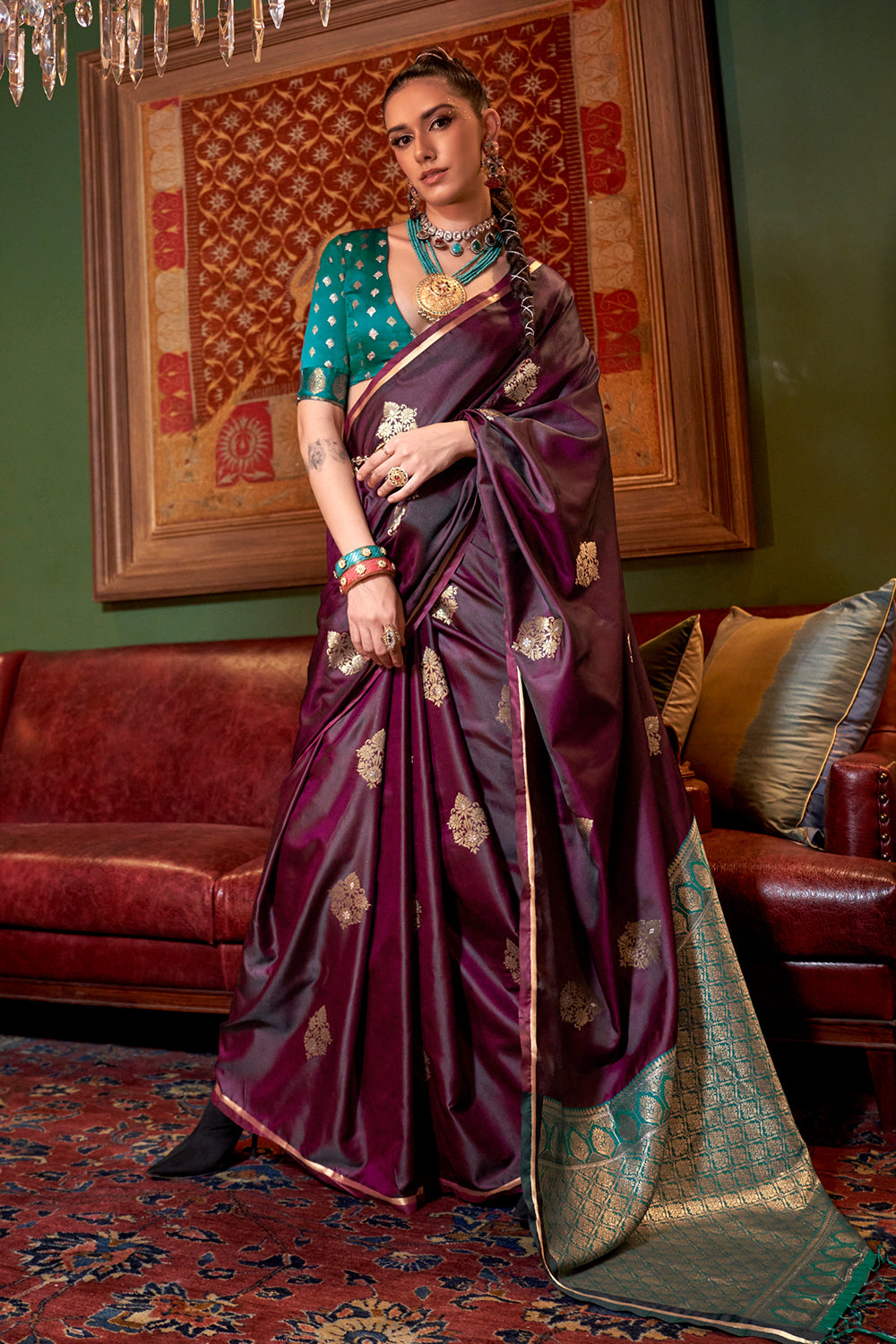 Maroon Satin Saree With Contrast Pallu & Blouse