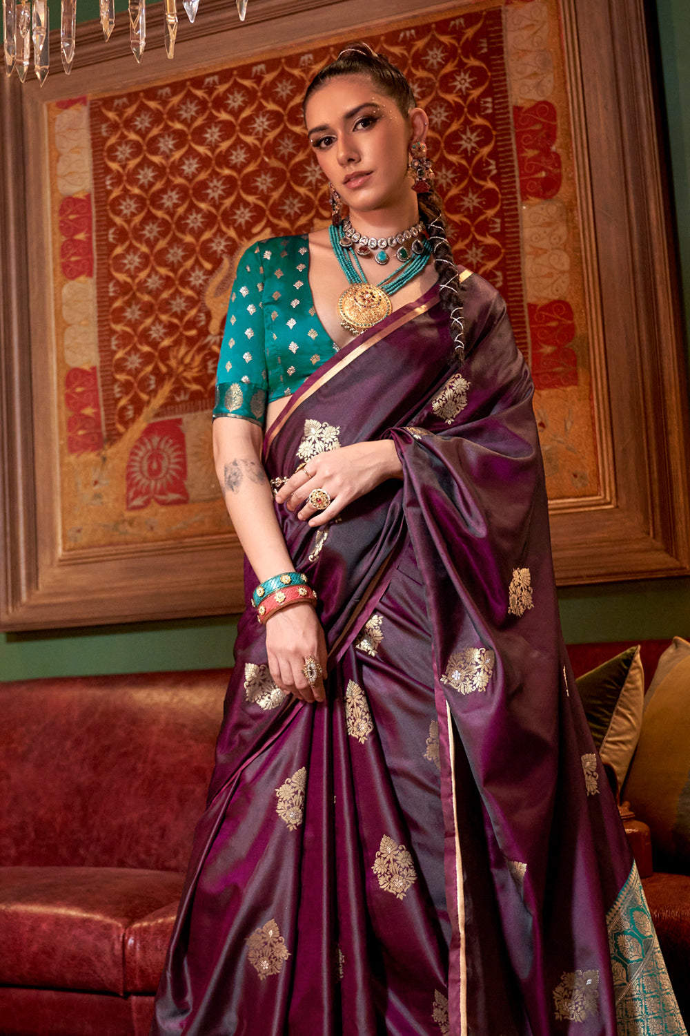 Maroon Satin Saree With Contrast Pallu & Blouse