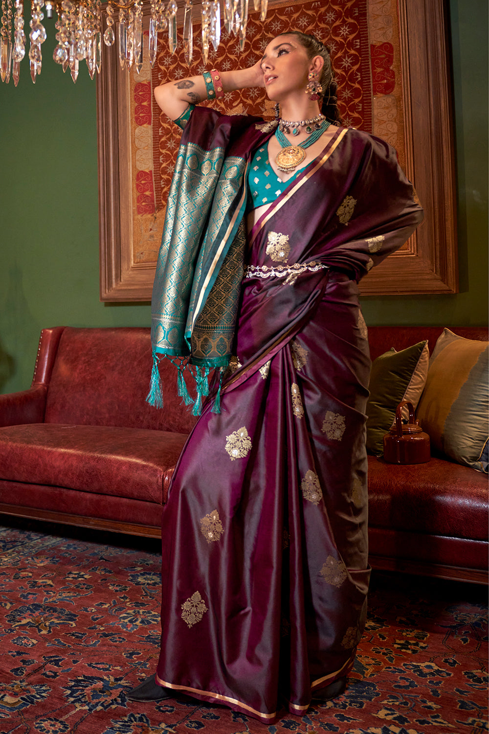 Maroon Satin Saree With Contrast Pallu & Blouse