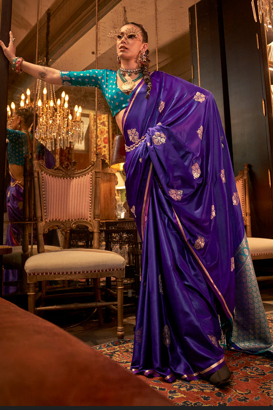 Lilac Satin Saree With Contrast Pallu & Blouse