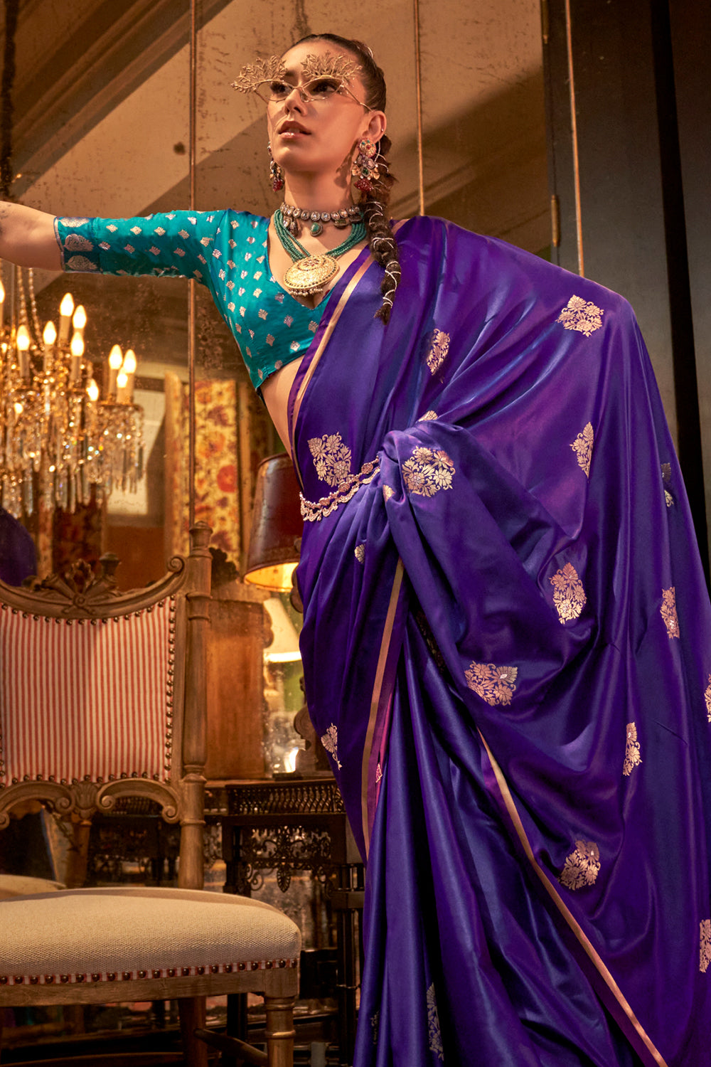 Lilac Satin Saree With Contrast Pallu & Blouse
