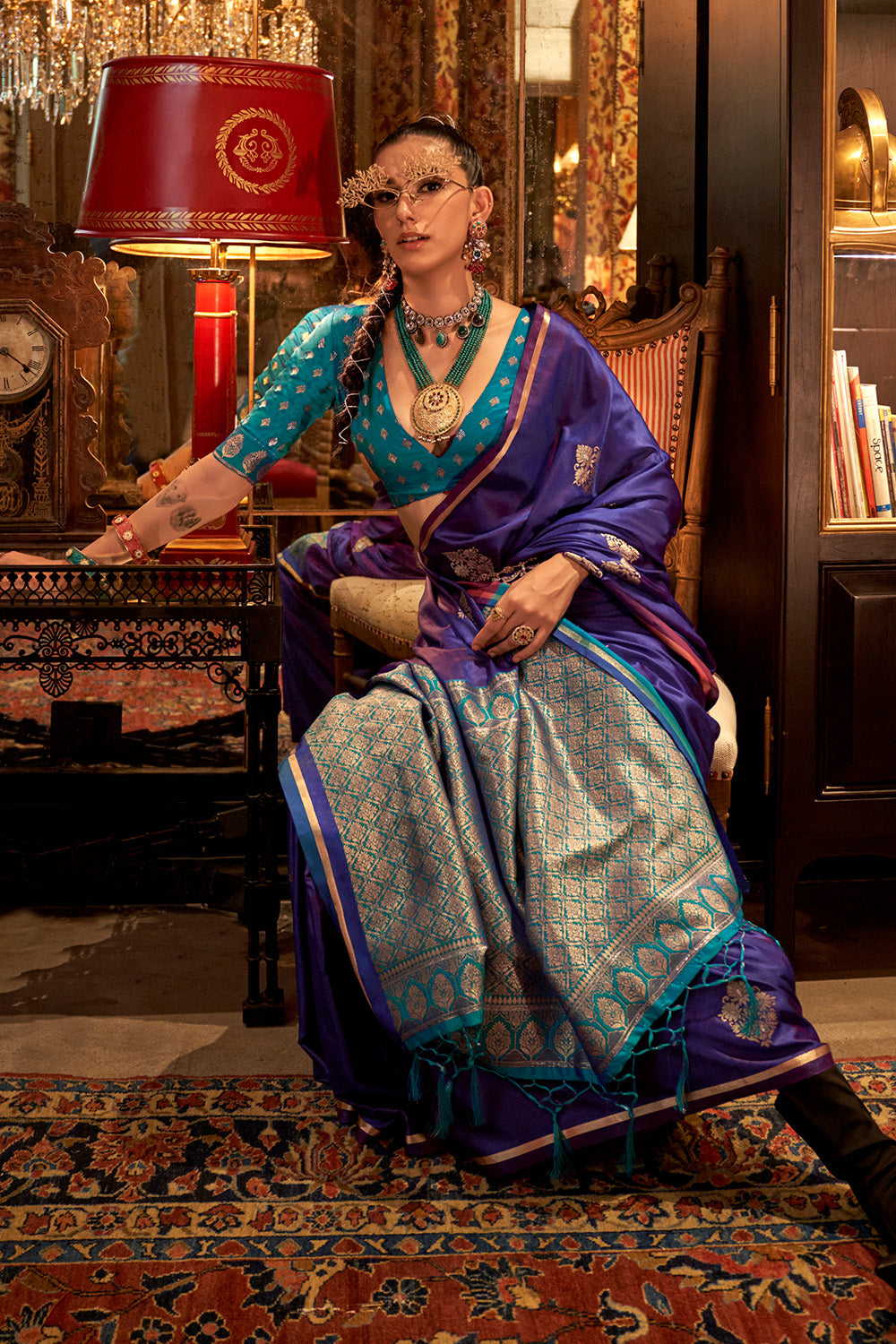 Lilac Satin Saree With Contrast Pallu & Blouse