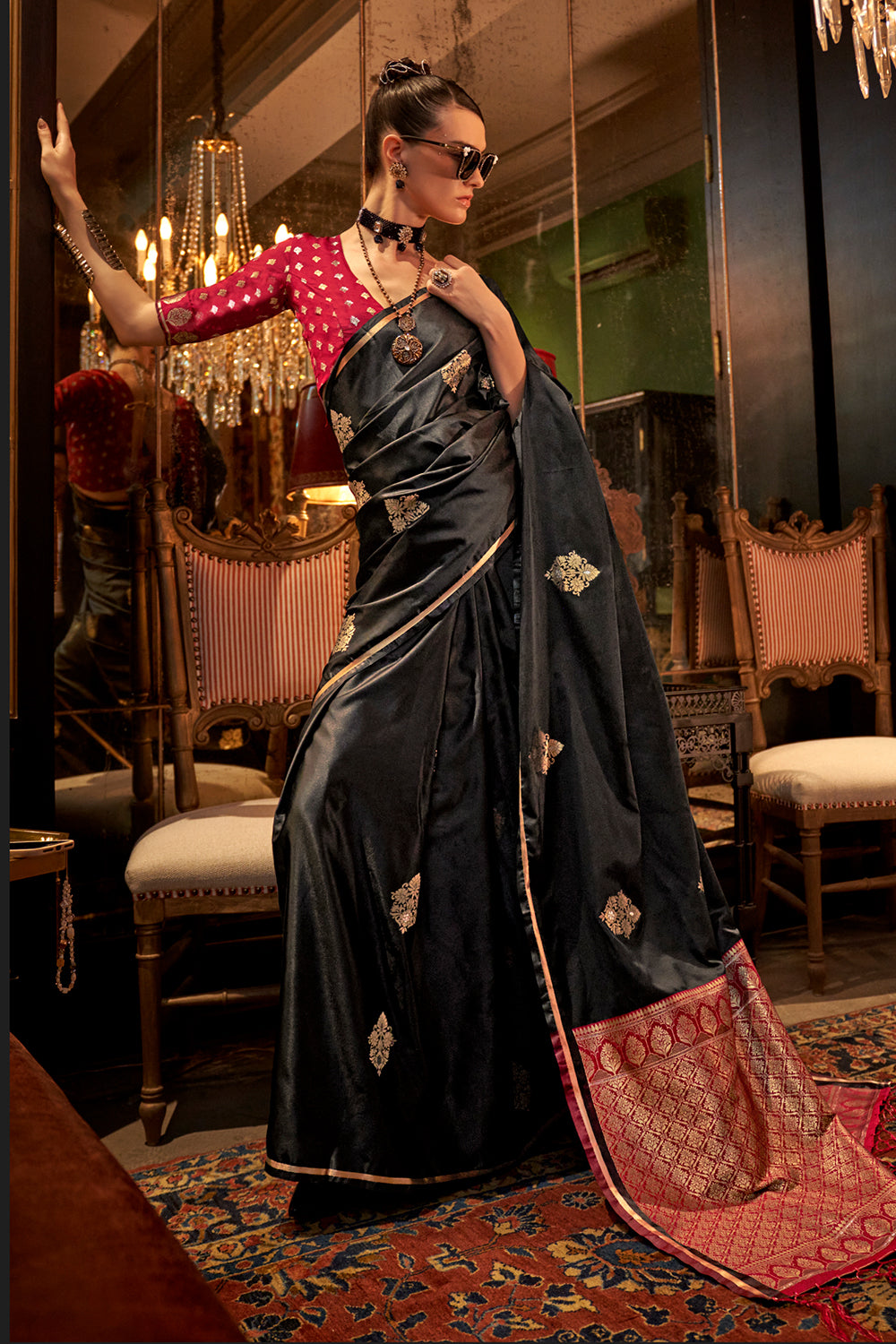 Black Satin Saree With Contrast Pallu & Blouse