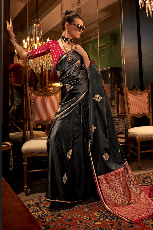 Black Satin Saree With Contrast Pallu & Blouse