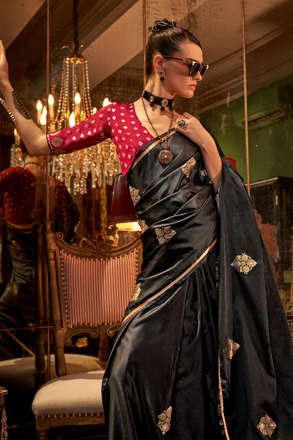 Black Satin Saree With Contrast Pallu & Blouse
