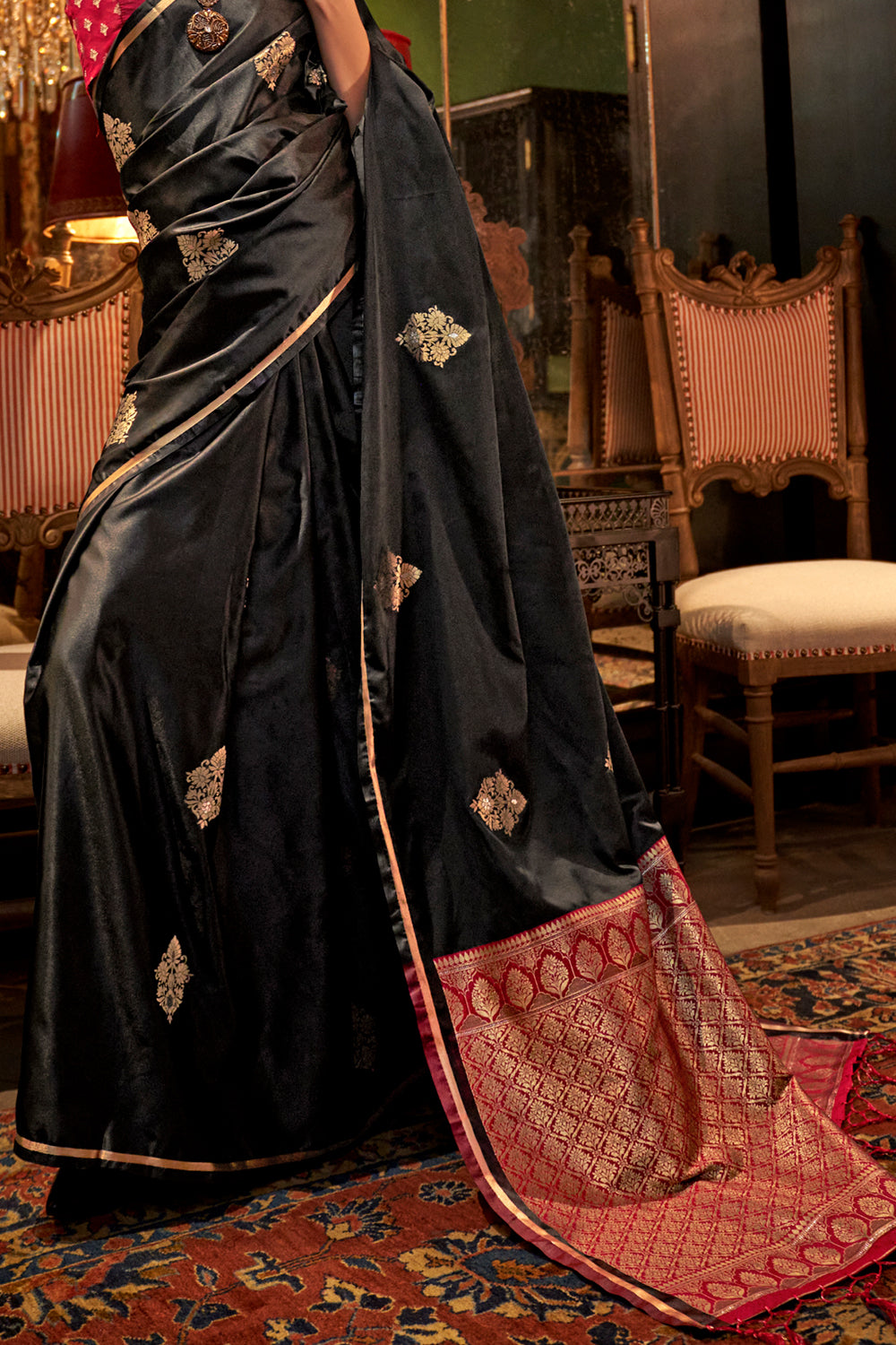 Black Satin Saree With Contrast Pallu & Blouse