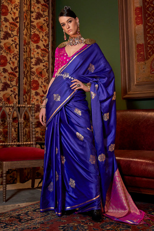 Navy Blue Satin Saree With Contrast Pallu & Blouse