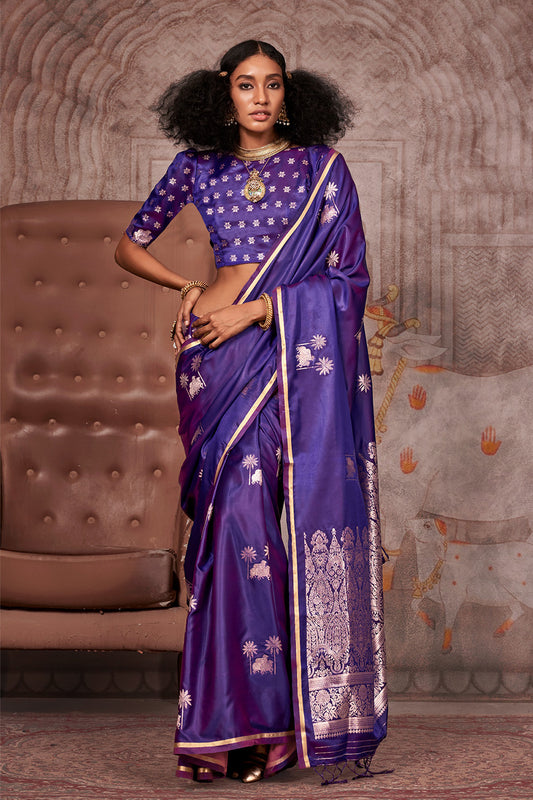 Royal Purple Satin Pichwai Saree With Brocade Blouse