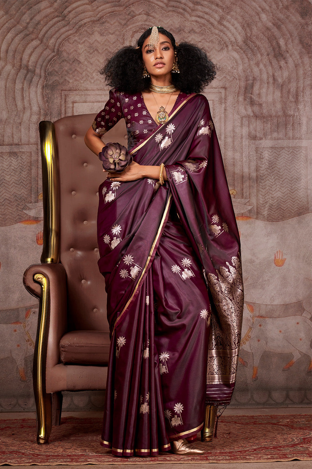 Maroon Satin Pichwai Zari Saree With Brocade Blouse