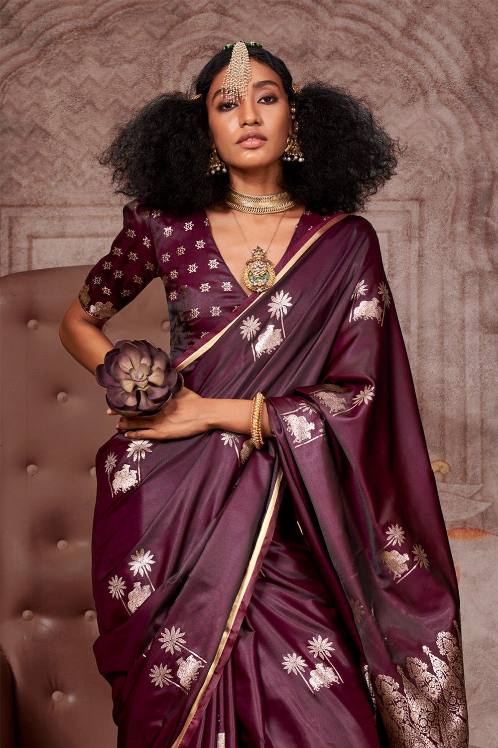 Maroon Satin Pichwai Zari Saree With Brocade Blouse