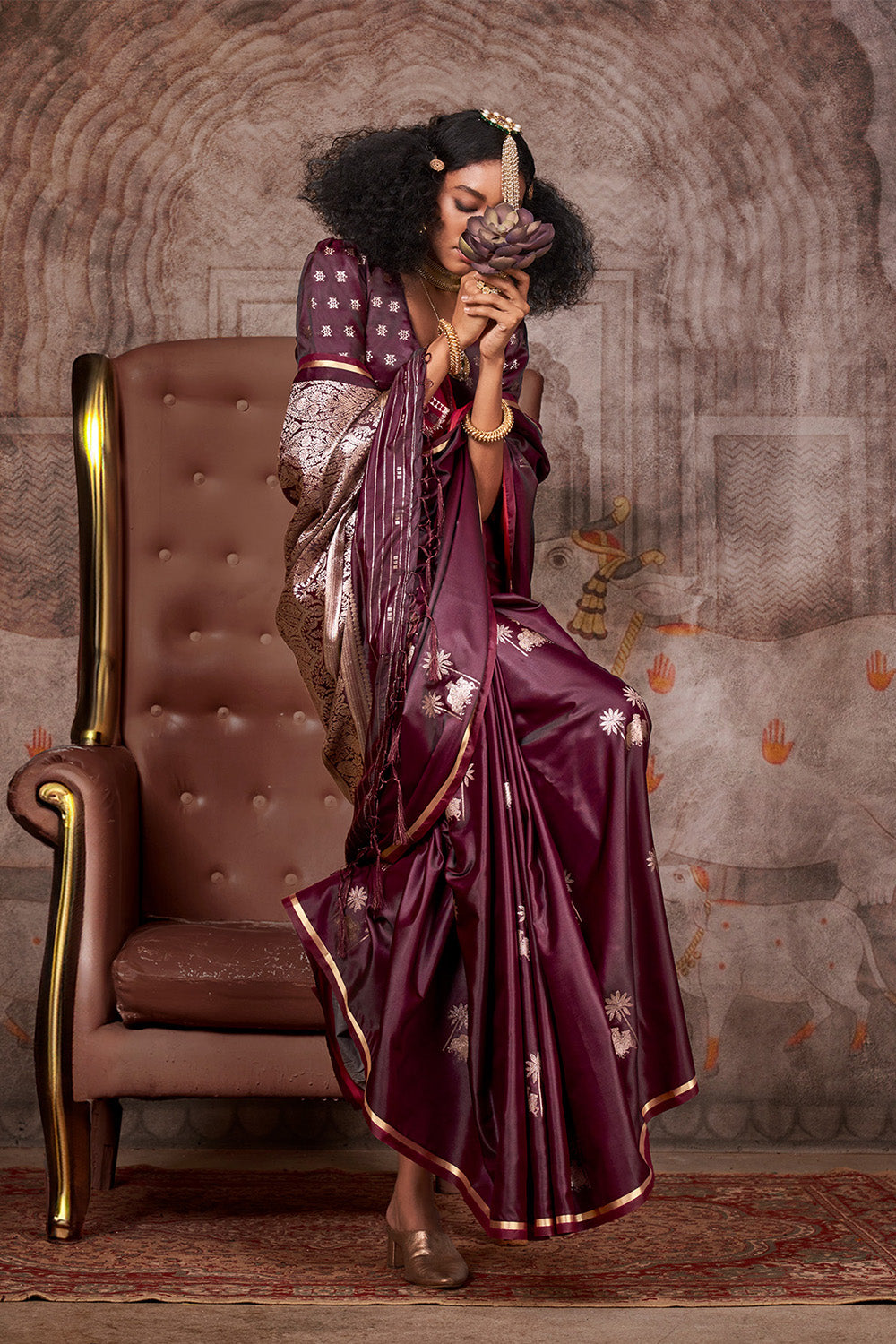 Maroon Satin Pichwai Zari Saree With Brocade Blouse