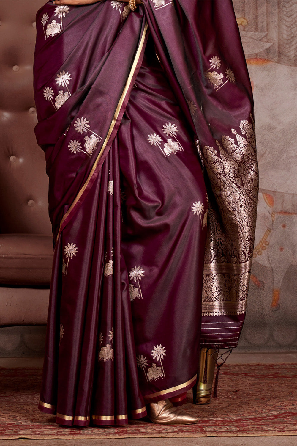 Maroon Satin Pichwai Zari Saree With Brocade Blouse