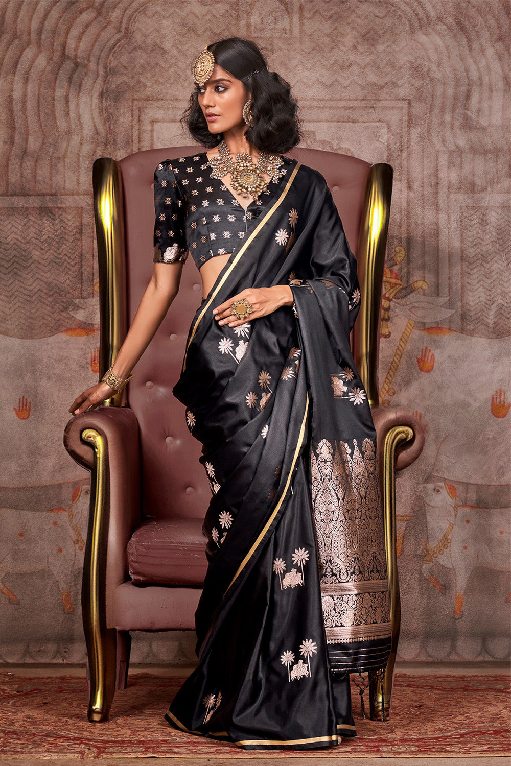 Black Satin Pichwai Zari Saree With Brocade Blouse