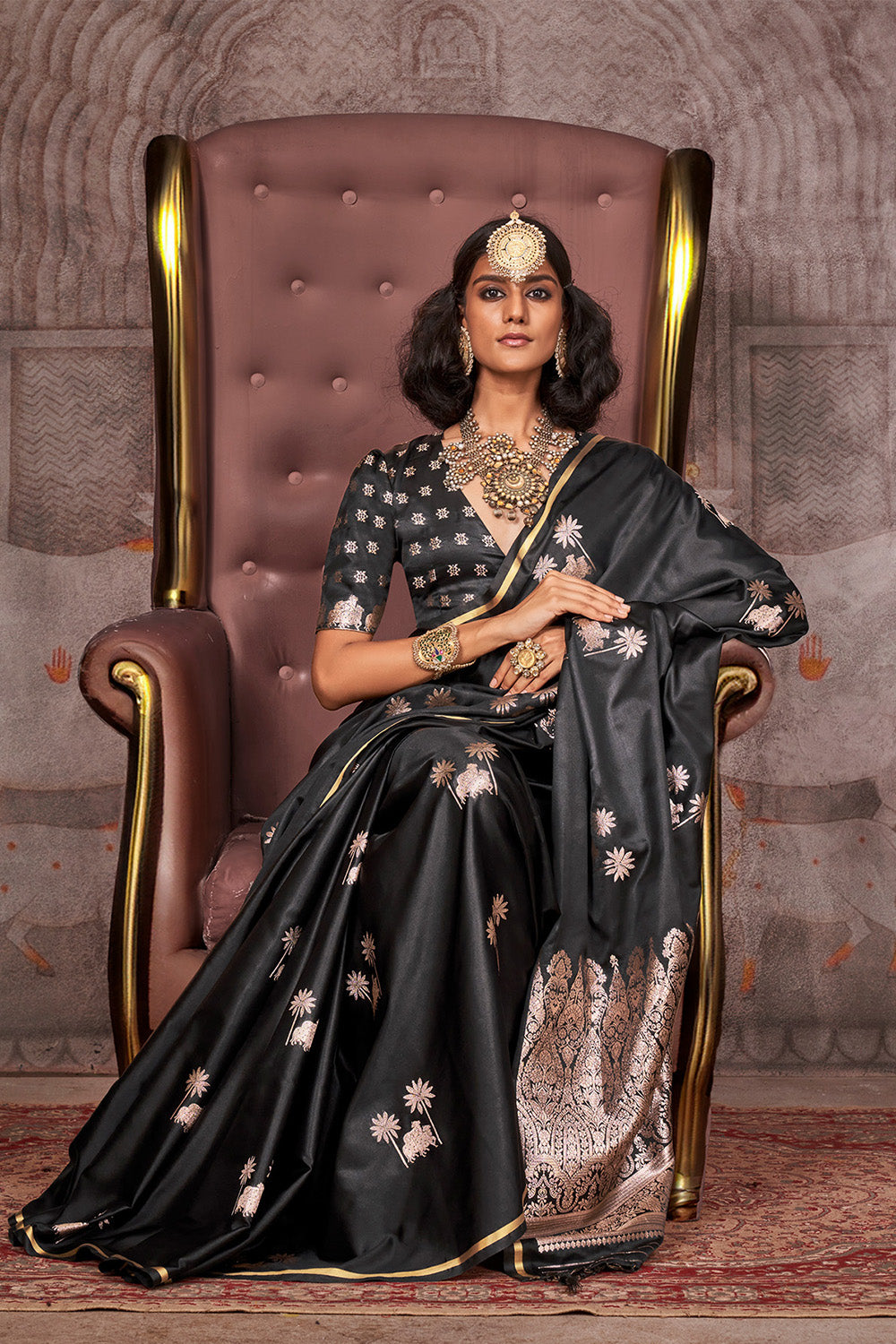 Black Satin Pichwai Zari Saree With Brocade Blouse
