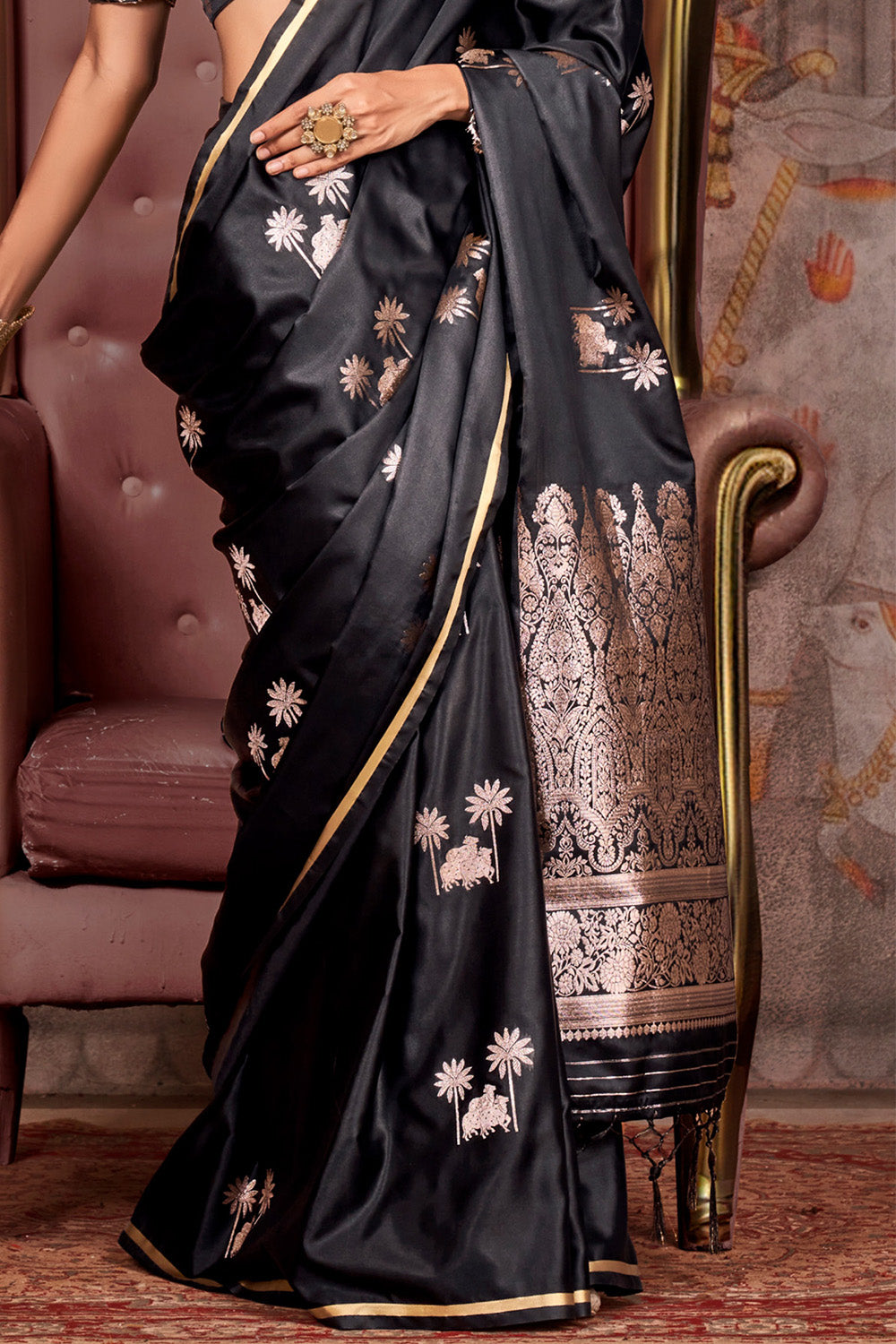 Black Satin Pichwai Zari Saree With Brocade Blouse