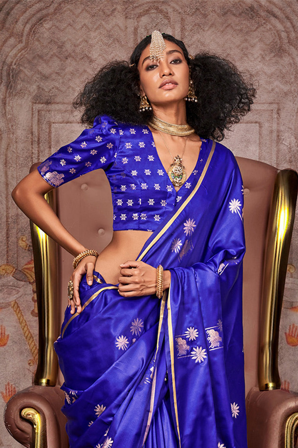 Deep Blue Satin Pichwai Zari Saree With Brocade Blouse