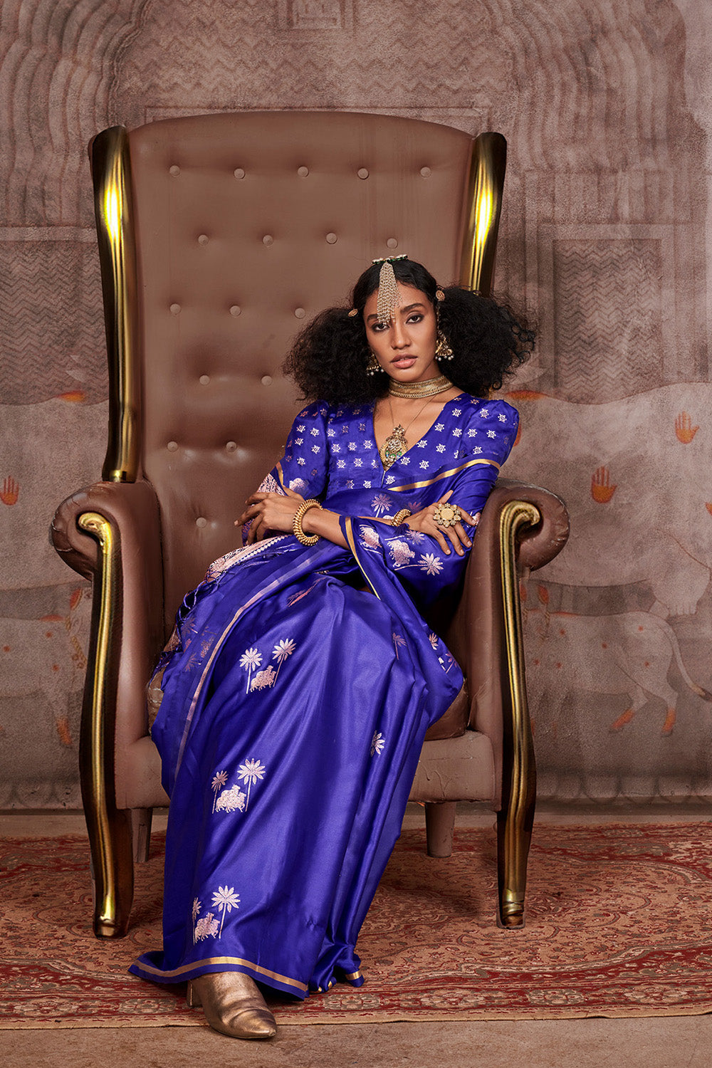 Deep Blue Satin Pichwai Zari Saree With Brocade Blouse
