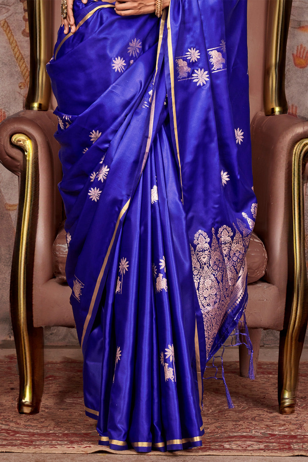 Deep Blue Satin Pichwai Zari Saree With Brocade Blouse