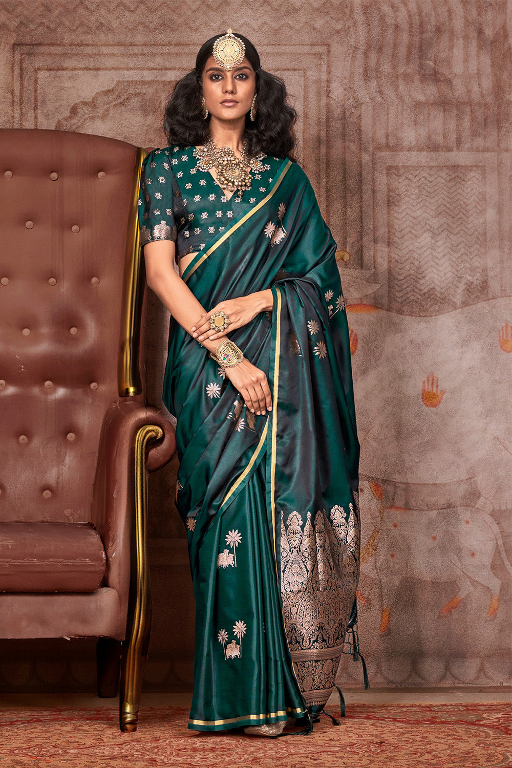 Dark Green Satin Pichwai Zari Saree With Brocade Blouse