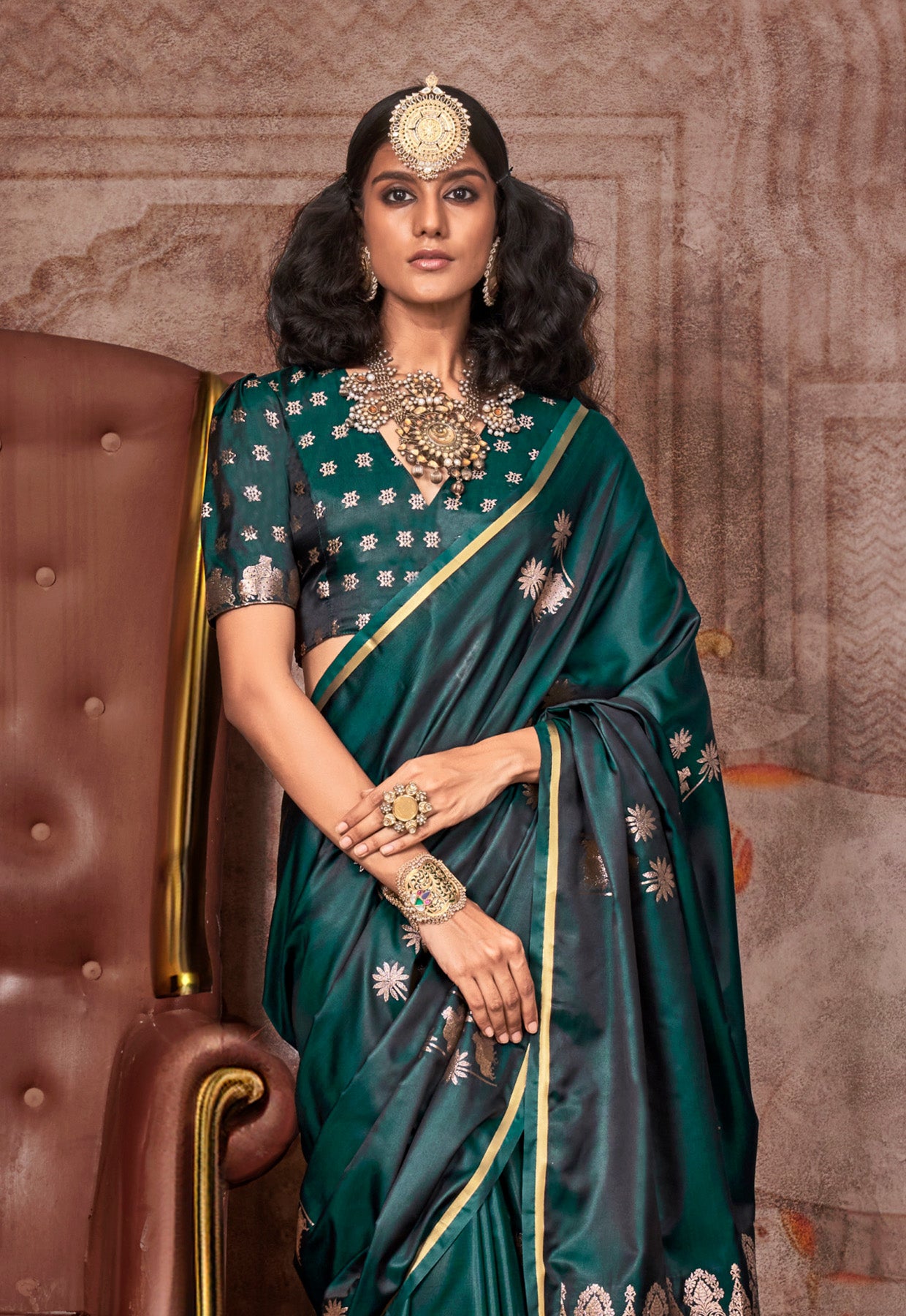 Dark Green Satin Pichwai Zari Saree With Brocade Blouse