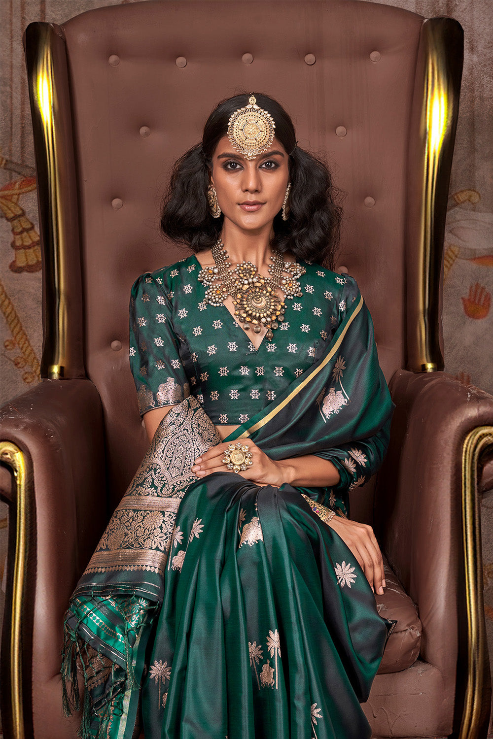 Dark Green Satin Pichwai Zari Saree With Brocade Blouse