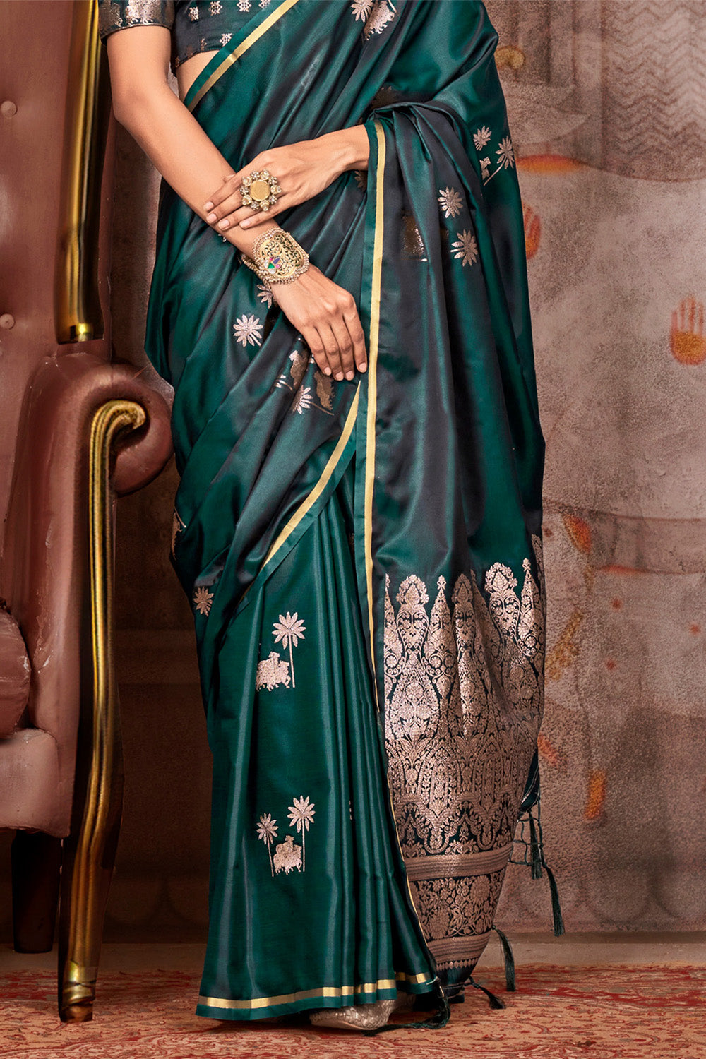 Dark Green Satin Pichwai Zari Saree With Brocade Blouse