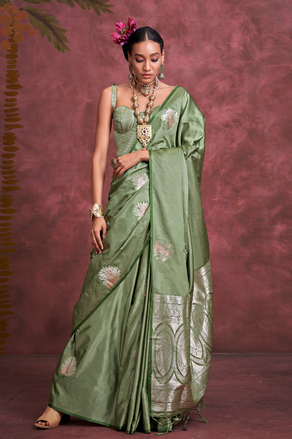 Green Tone Banarasi Saree Zari Pallu And Blouse
