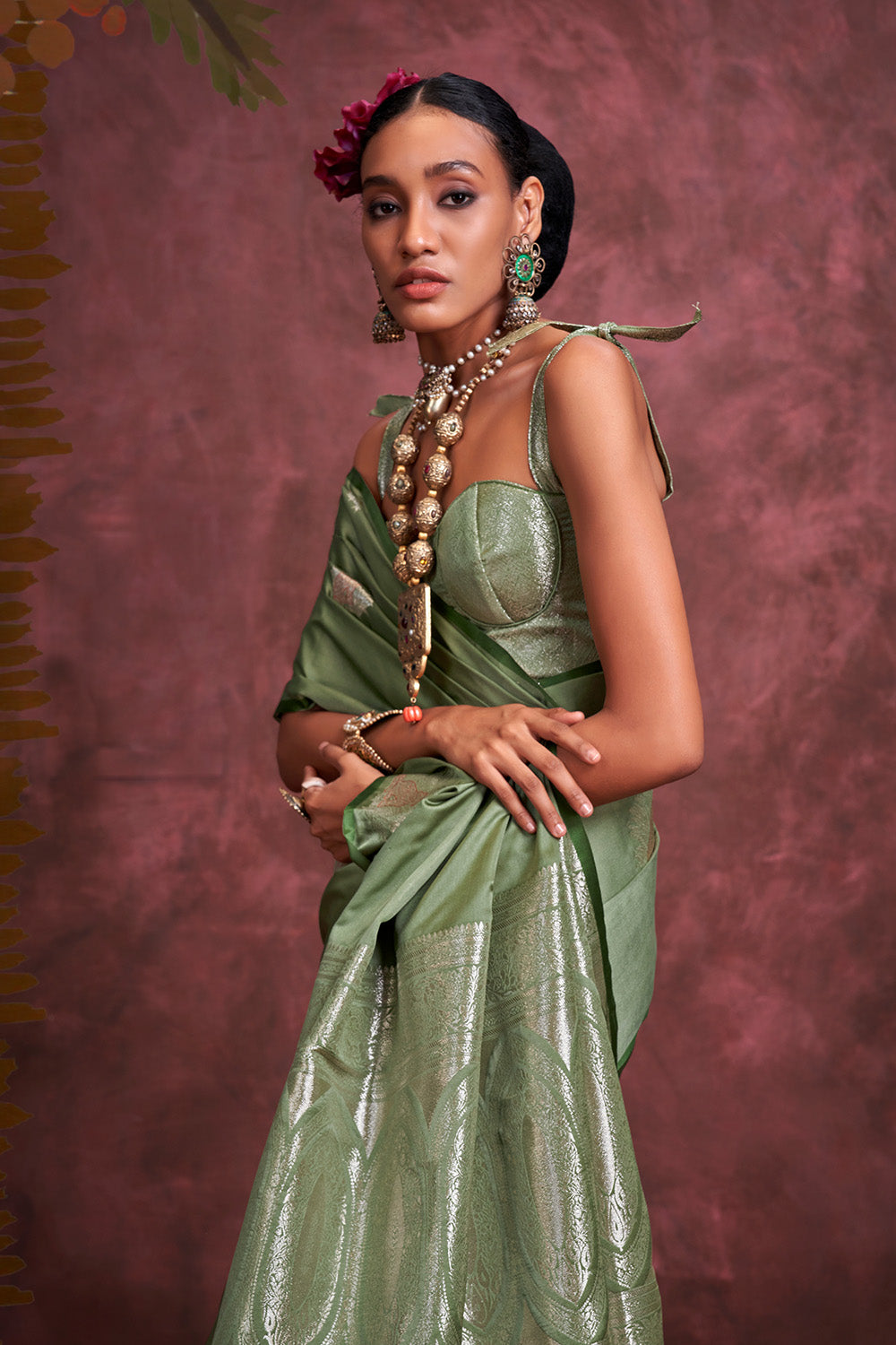 Green Tone Banarasi Saree Zari Pallu And Blouse