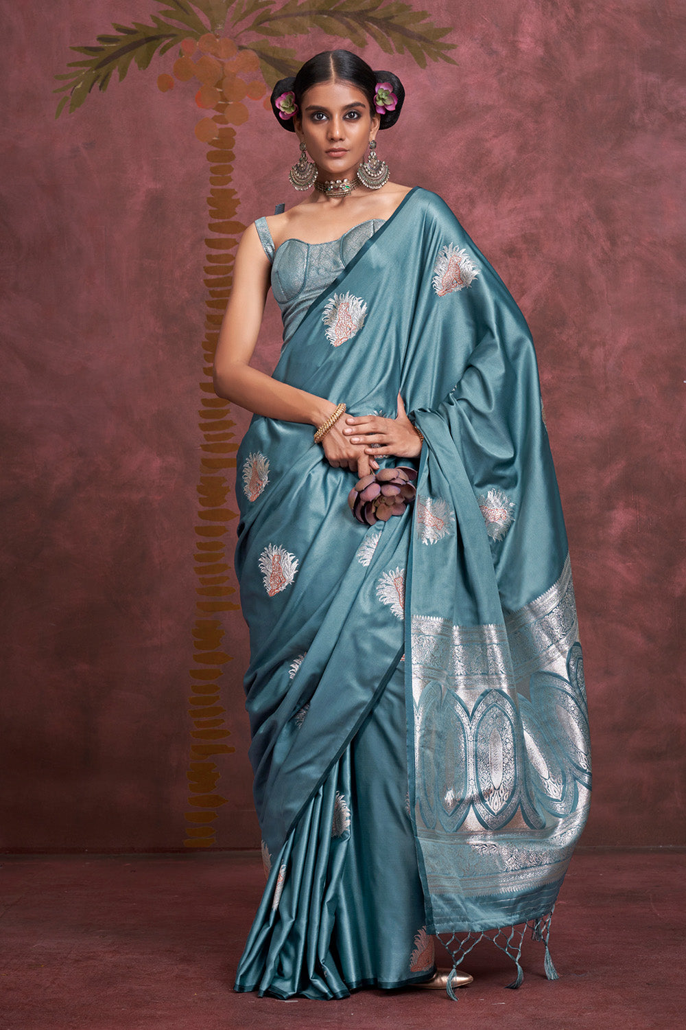 Teal Blue Tone Banarasi Saree Zari Pallu And Blouse