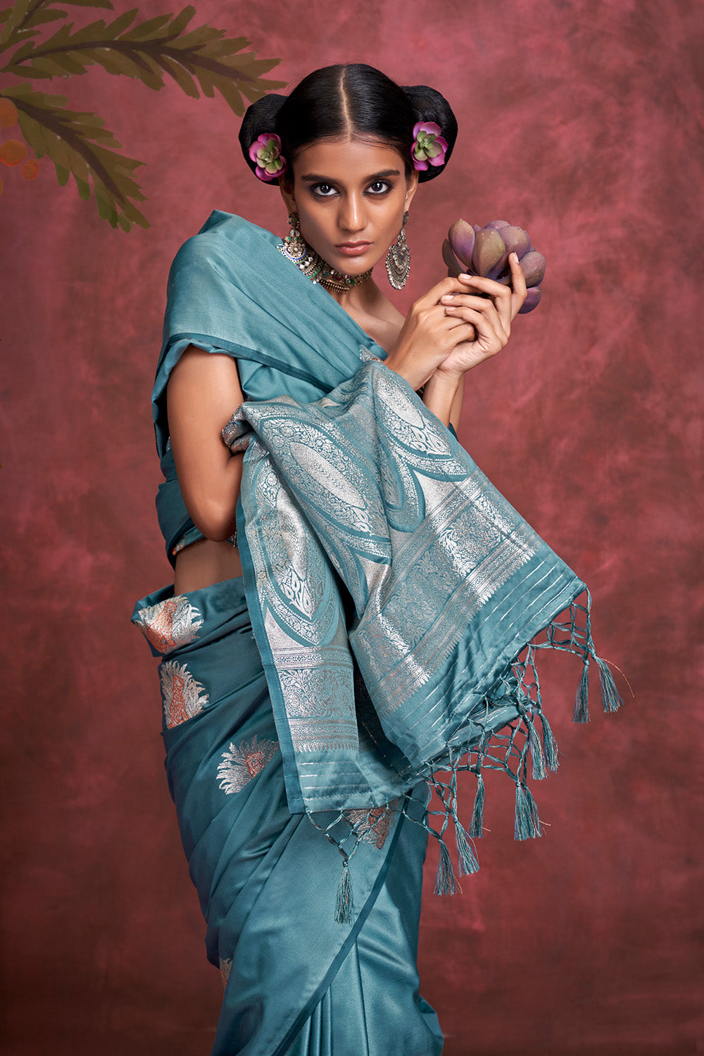 Teal Blue Tone Banarasi Saree Zari Pallu And Blouse