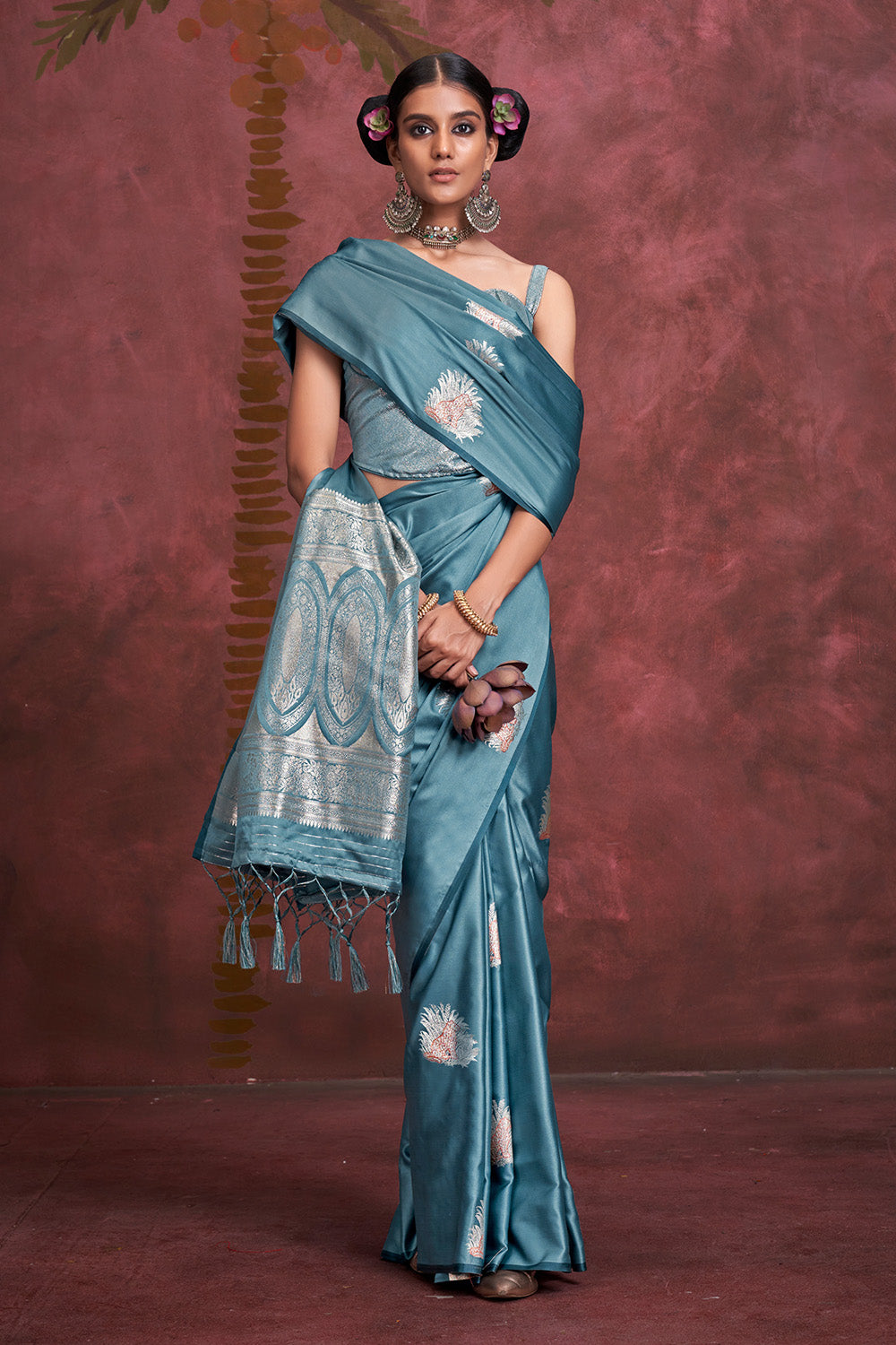 Teal Blue Tone Banarasi Saree Zari Pallu And Blouse