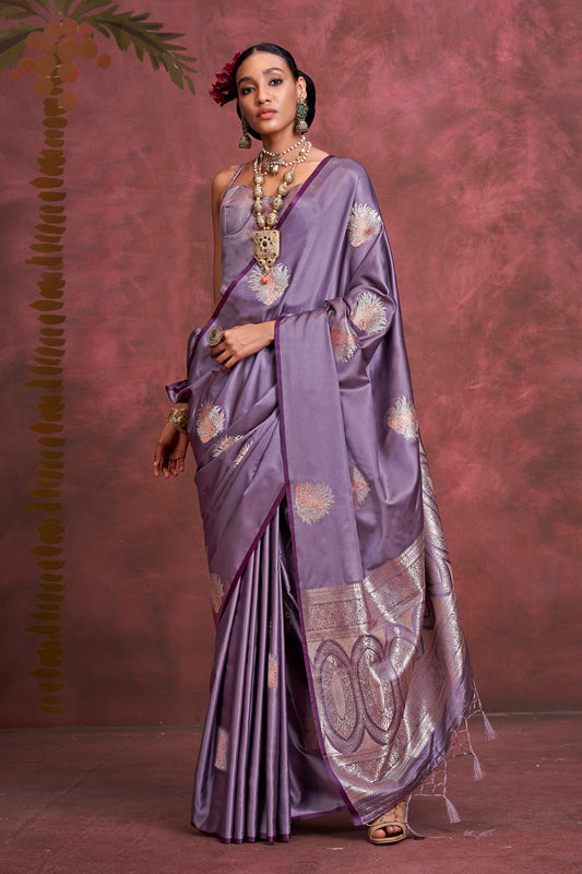 Purple Tone Banarasi Saree Zari Pallu And Blouse