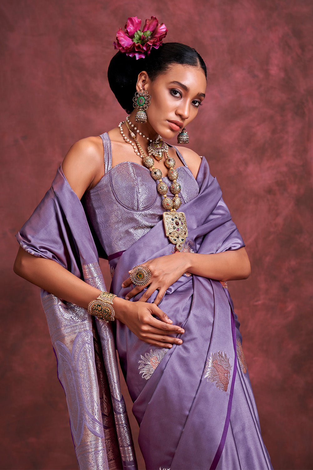 Purple Tone Banarasi Saree Zari Pallu And Blouse
