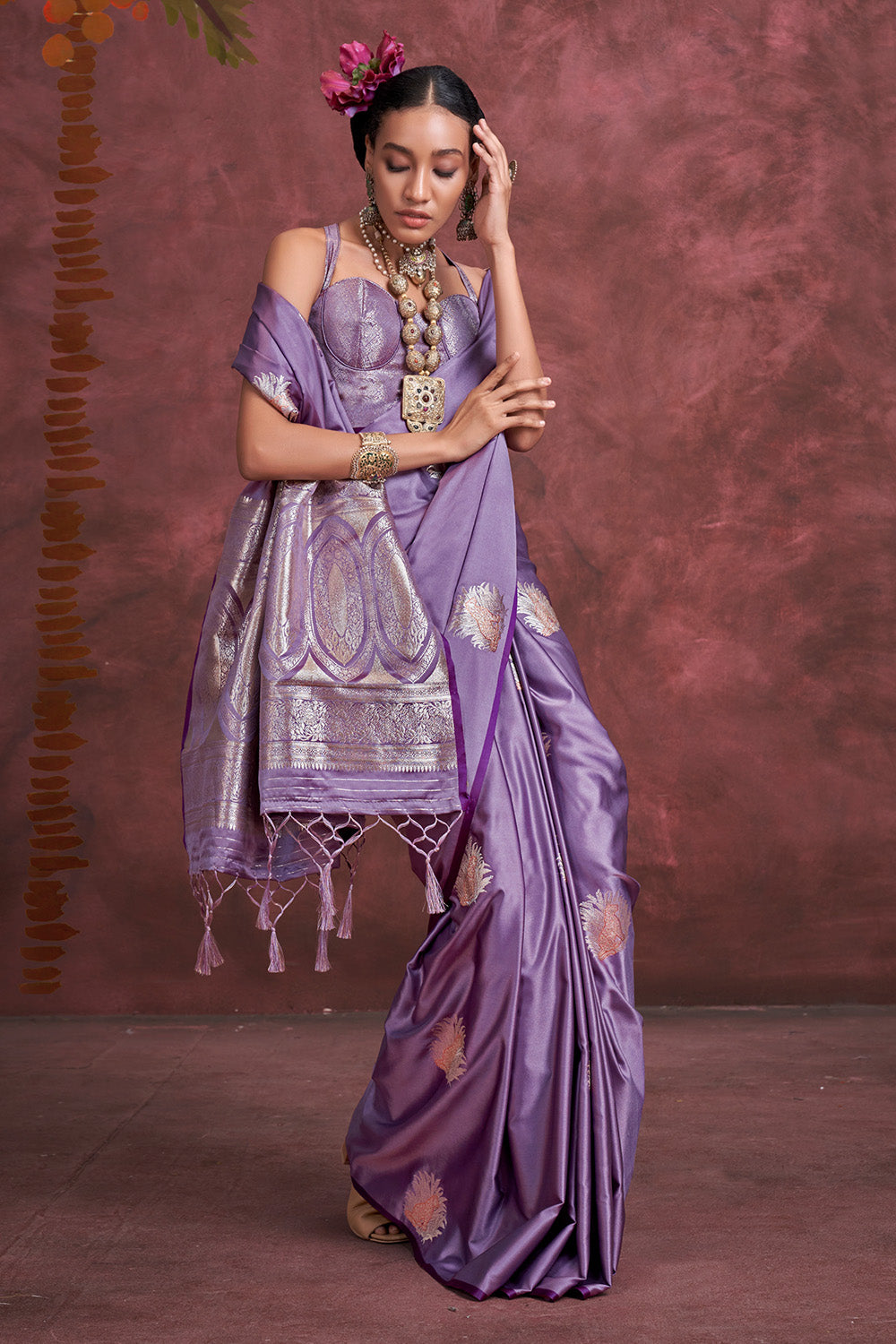Purple Tone Banarasi Saree Zari Pallu And Blouse