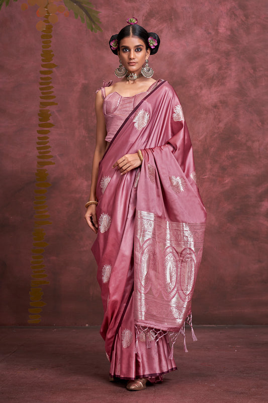 Pink Tone Banarasi Saree Zari Pallu And Blouse