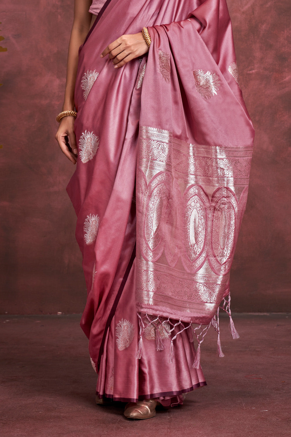 Pink Tone Banarasi Saree Zari Pallu And Blouse